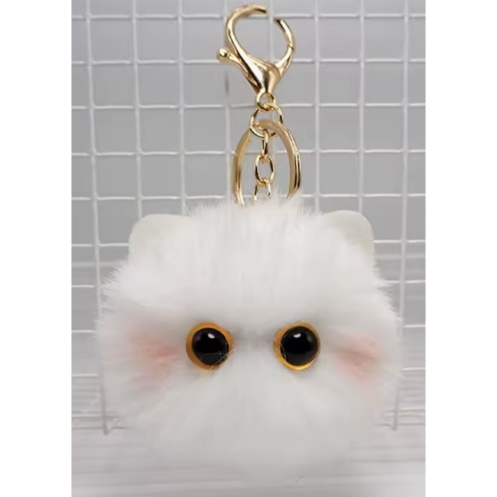 Adorable Pom Pom Kitty Cat Keychain White